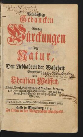 Vernünfftige Gedancken Von den Würckungen der Natur