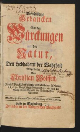 Vernünfftige Gedancken Von den Würckungen der Natur