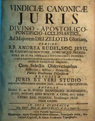 Vindiciae Canonicae Juris Divino-Apostolico-Pontificio-Ecclesiastici...