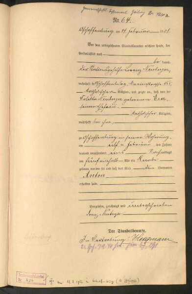 Standesamtsbuch der Stadt Aschaffenburg: Geburten 365/1900 - 184/1901