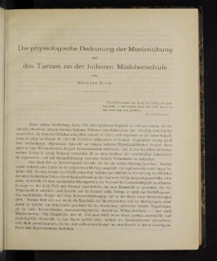 Die physiologische Bedeutung der Muskelübung und das Turnen an der höheren Mädchenschule