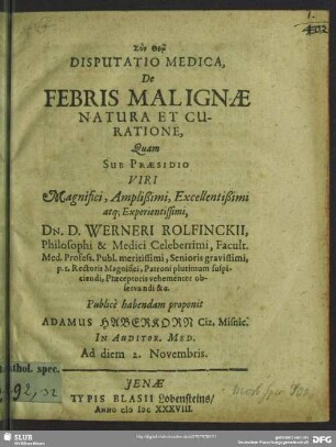 Disputatio Medica, De Febris Malignae Natura Et Curatione