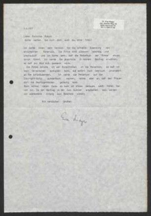 Brief: Eva Rieger an Felicitas Kukuck, 08.04.1987