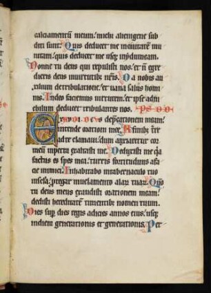 Historisierte Initiale E mit Fabelwesen auf Goldgrund