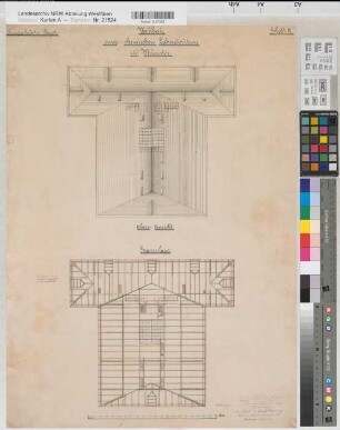 Münster (Münster) Neubau eines Chemischen Laboratoriums Blatt 9 Ansicht von oben und Sparrenlage 1878 1 : 100 69 x 49 kol. Zeichnung Staatshochbauamt Münster