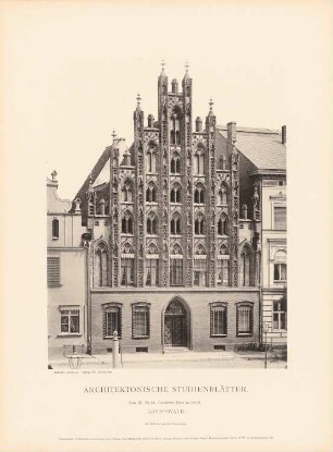 Gotisches Haus am Markt, Greifswald: Ansicht (aus: Architektonische Studienblätter, Serie III, No. 64)