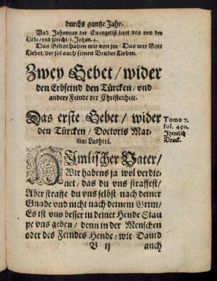Zwey Gebet/ wider den Erbfeind den Türcken/ und andere Feinde der Christenheit.