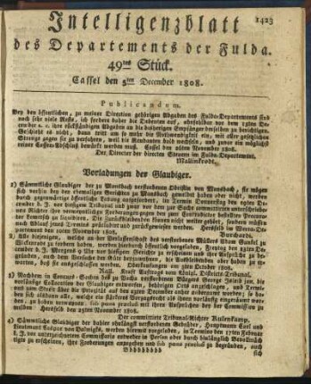 49tes Stück. Cassel den 5ten December 1808