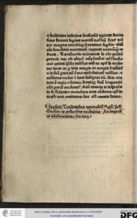 Explicit tractatulus venerabilis magistri Johannis Gerson de pollutione nocturna an impediat celebrantem an non.