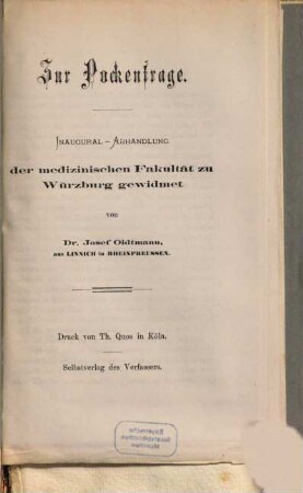 Zur Pockenfrage : Inaug.-Diss. von Würzburg