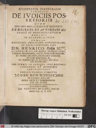 Dissertatio Inauguralis Iuridica De Iudiciis Possessoriis