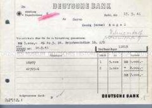 Quittung der Deutschen Bank über die Verwahrung von Wertpapieren (7.000,- RM)