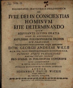 Dissertatio Inavgvralis Philosophica De Ivre Dei In Conscientias Hominvm Rite Determinando