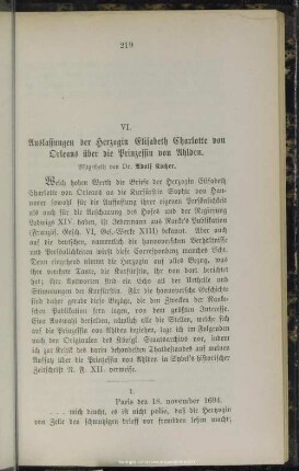 VI. Auslassungen der Herzogin Elisabeth Charlotte von Orleans über die Prinzessin von Ahlden