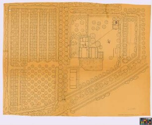 Schinkel ([Landkreis] Osnabrück): Ziegelhof. Lageplan mit. [- Haupthaus. - Scheune und Pferdestall. - Scheune. - zwei Ställen. - Backhaus]