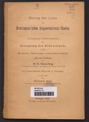 Beitrag zur Lehre der Huntington'schen (degenerativen) Chorea
