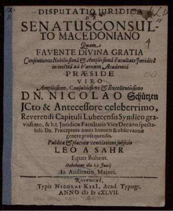 Disputatio Iuridica De Senatusconsulto Macedoniano