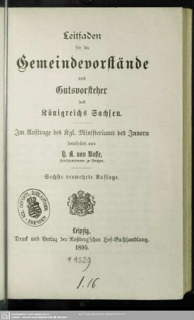 Leitfaden für die Gemeindevorstände und Gutsvorsteher des Königreichs Sachsen