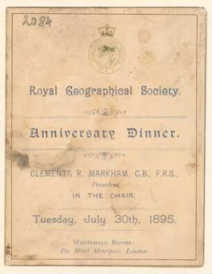Menükarte : Royal Geographical Society. Universary Dinner, Withrhall Rooms: The Hotel Metropole, London