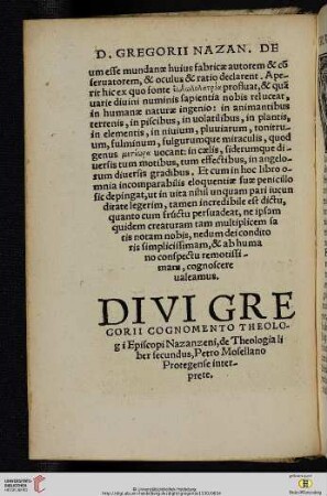 Divi Gregorii cognomento theologi episcopi Nazanzeni, de Theologia liber secundus, Petro Mosellano Protegense interprete