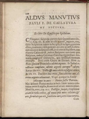 Aldus Manutius Pauli F. De Caelatura Et Pictura. Ex libro De Quaesitis per Epistolam.