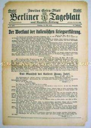 Extra-Blatt des "Berliner Tageblatt" zum Kriegseintritt von Italien (Zweites Extra-Blatt)