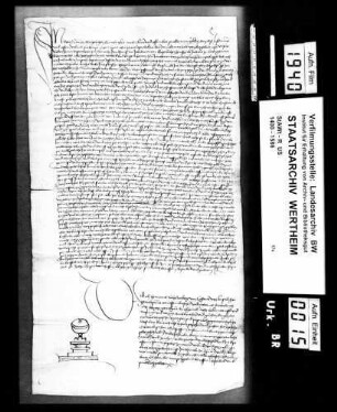Heinrich Schellenberg von (Constenz), öffentlicher Notar bestätigt, dass Albrecht von Venningen, dem Ludwig von Bayern (Beyern), Herr zu Scharfeneck (Scharpfeneck), alle auf Schloß und Dorf Eschelbronn, das er diesem verkauft, Bezug habenden Urkunden und Gültregister übergeben hat.