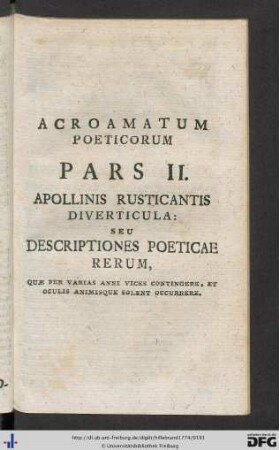 Acroamatum Poeticorum Pars II. Apollinis Rusticantis Diverticula.