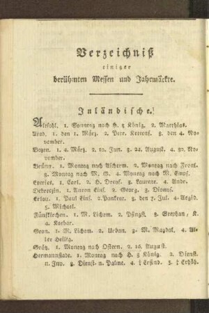 Verzeichniß einiger berühmter Messen und Jahrmärkte