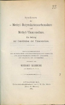 Synthesen der a-Methyl-Butyrolactoncarbonsäure und Methyl-Vinaconsäure : ein Beitrag zur Constitution der Vinaconsäure