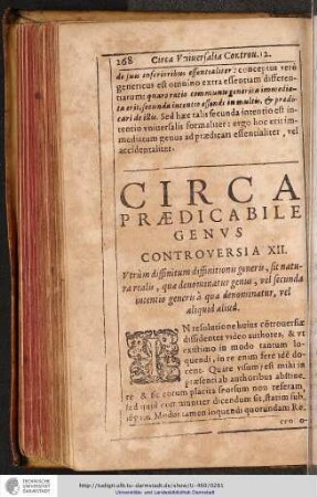 CONTROVERSIA XII. Vtrùm diffinitum diffinitionis generis, sit naturarealis, qua denominatur genus, vel secunda intentio generis à qua denominatur, vel aliquid aliud.