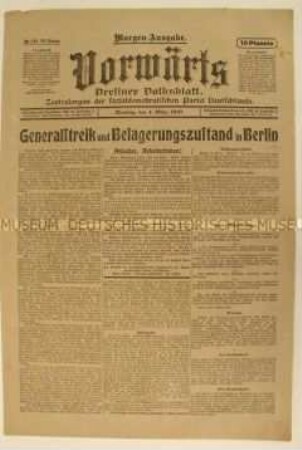 Zentralorgan der SPD "Vorwärts" zum Generalstreik in Berlin