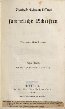 Gotthold Ephraim Lessings sämmtliche Schriften, 1 : Mit Lessings Porträt