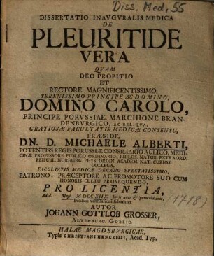 Dissertatio Inavgvralis Medica De Pleuritide Vera