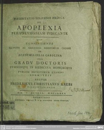 Dissertatio Solemnis Medica De Apoplexia Peripneumoniam Iudicante