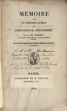 Mémoire sur le véritable auteur de l'imitation de Jesus-Christ