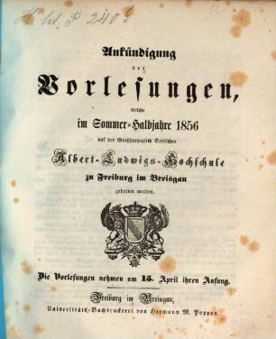Ankündigung der Vorlesungen der Badischen Albert-Ludwigs-Universität Freiburg im Breisgau. 1856, 1856. SH