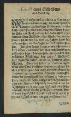 Extract eines Schreibens aus Hamburg.
