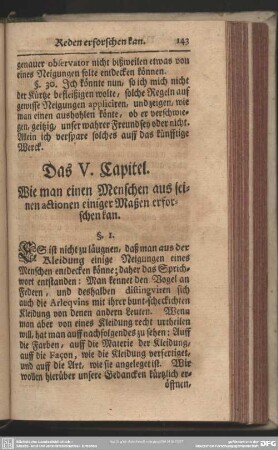 Das V. Capitel. Wie man einen Menschen aus seinen actionen einiger Maßen erforschen kan
