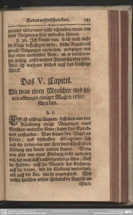 Das V. Capitel. Wie man einen Menschen aus seinen actionen einiger Maßen erforschen kan