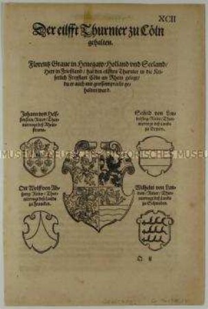 Elftes Turnier zu Köln im Jahr 1179 - Stadt- und Familienwappen (S. XCII aus dem Turnierbuch/1. Teil)