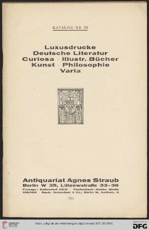 Nr. 30: Katalog: Luxusdrucke, deutsche Literatur, Curiosa, illustr. Bücher, Kunst, Philosophie, Varia