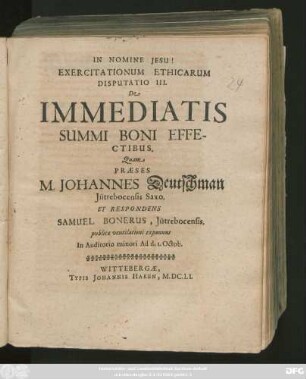 Exercitationum Ethicarum Disputatio III. De Immediatis Summi Boni Effectibus