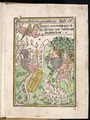 10. Gebot (Du sollst nicht begehren deines Nächsten Gut ...). Engel, bewaffnete Horte, Hirte bei Schafen und Rindern.
