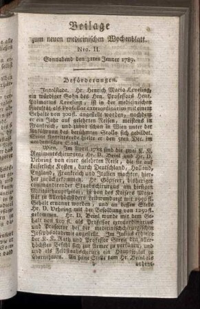 Beilage zum neuen medicinischen Wochenblatt. Nro. II Sonnabend den 31ten Jenner 1789.