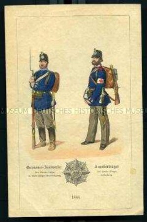 Uniformdarstellung, Handwerker und Krankenträger des Garde-Corps feldmäßig, Preußen, 1866. Aus: Der Soldatenfreund.