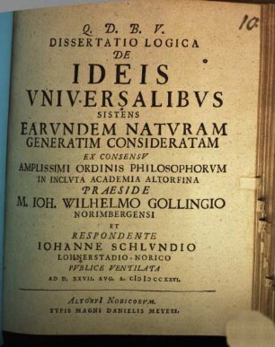 Diss. log. de ideis universalibus, sistens earundem naturam generatim consideratam