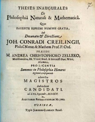 Theses Inaugurales Ex Philosophia Naturali [Et] Mathematica
