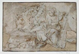 Musizierende Frau mit Putto und Hirsch