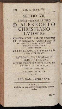 Sectio VII. Summe venerabili viro D. Albrechto Christiano Ludwig[...]